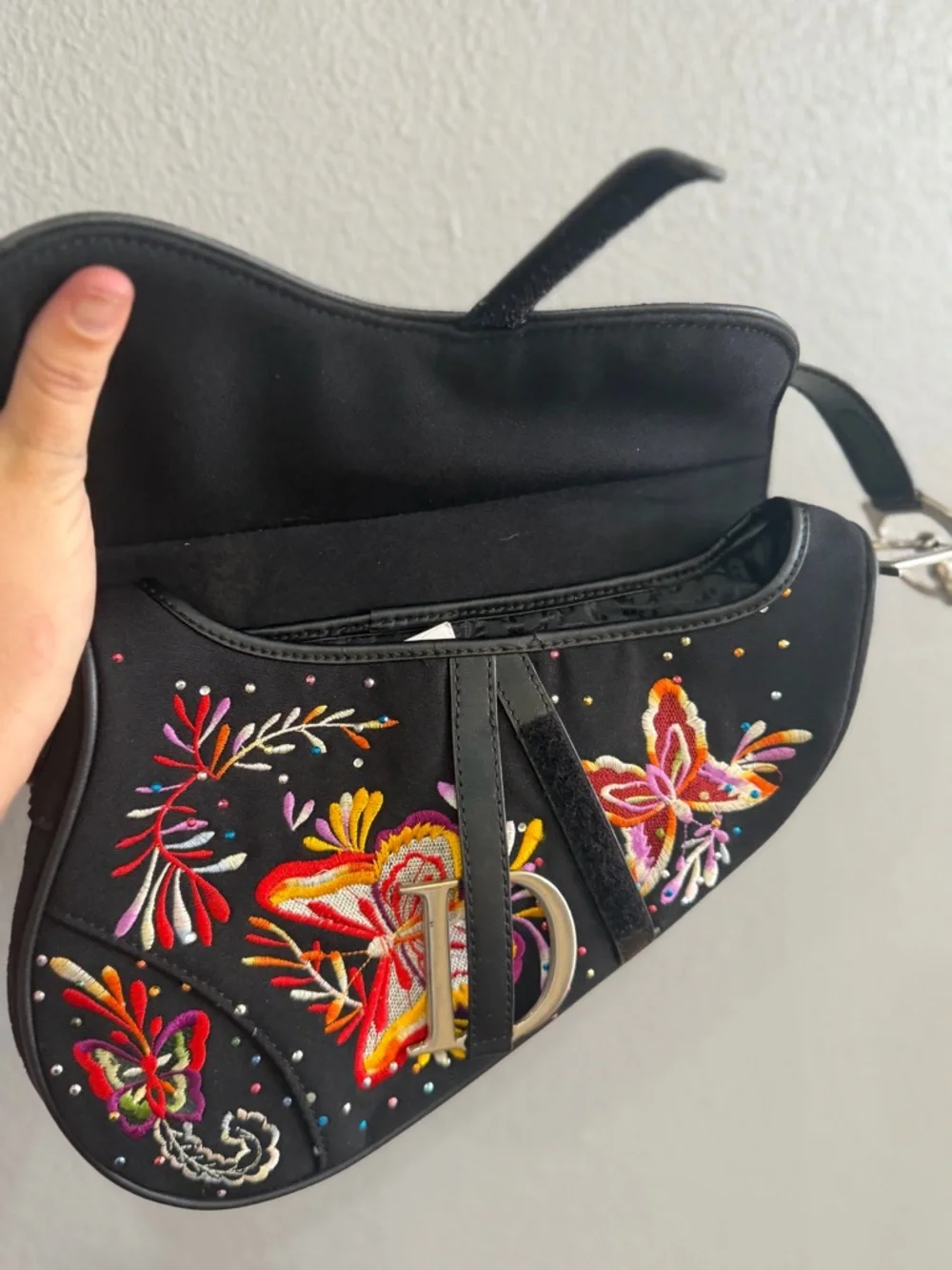 Dior Black Embroidered Butterfly Saddle Bag with Multicolor Accents - Picture 7 of 11